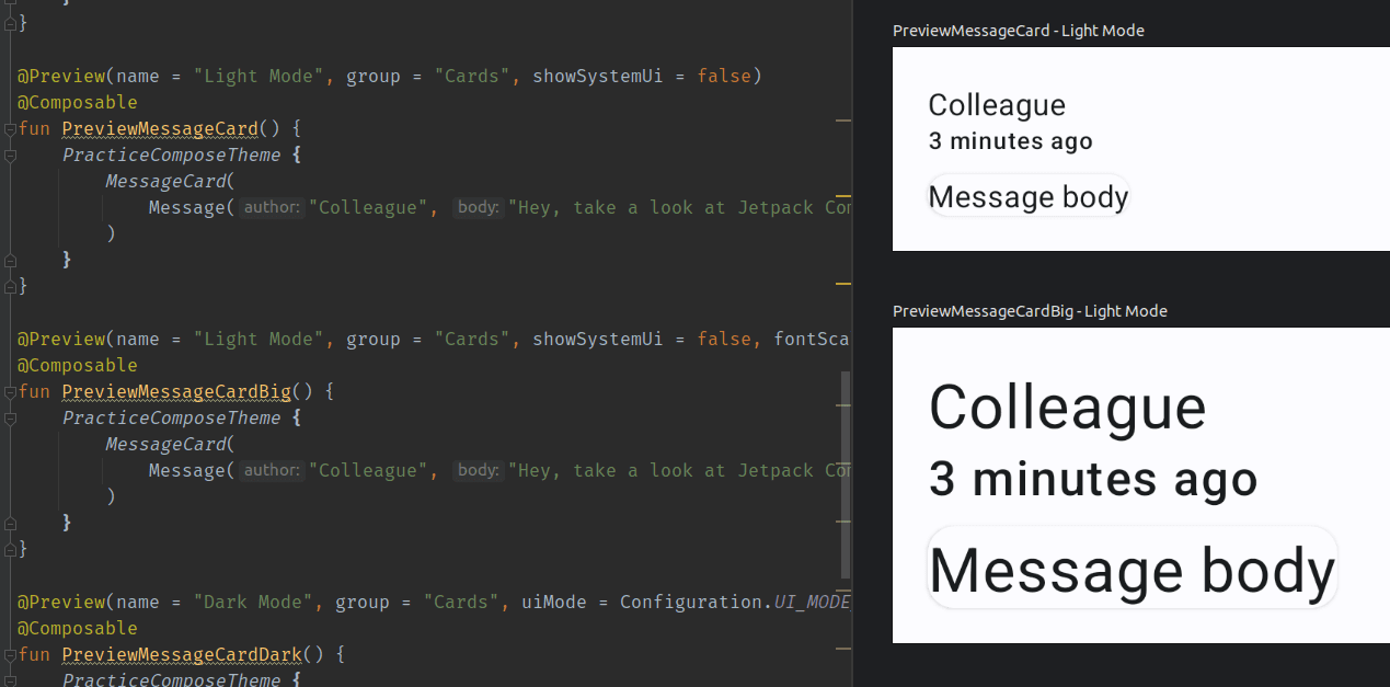 A split screen of some preview functions and their corresponding previews in action